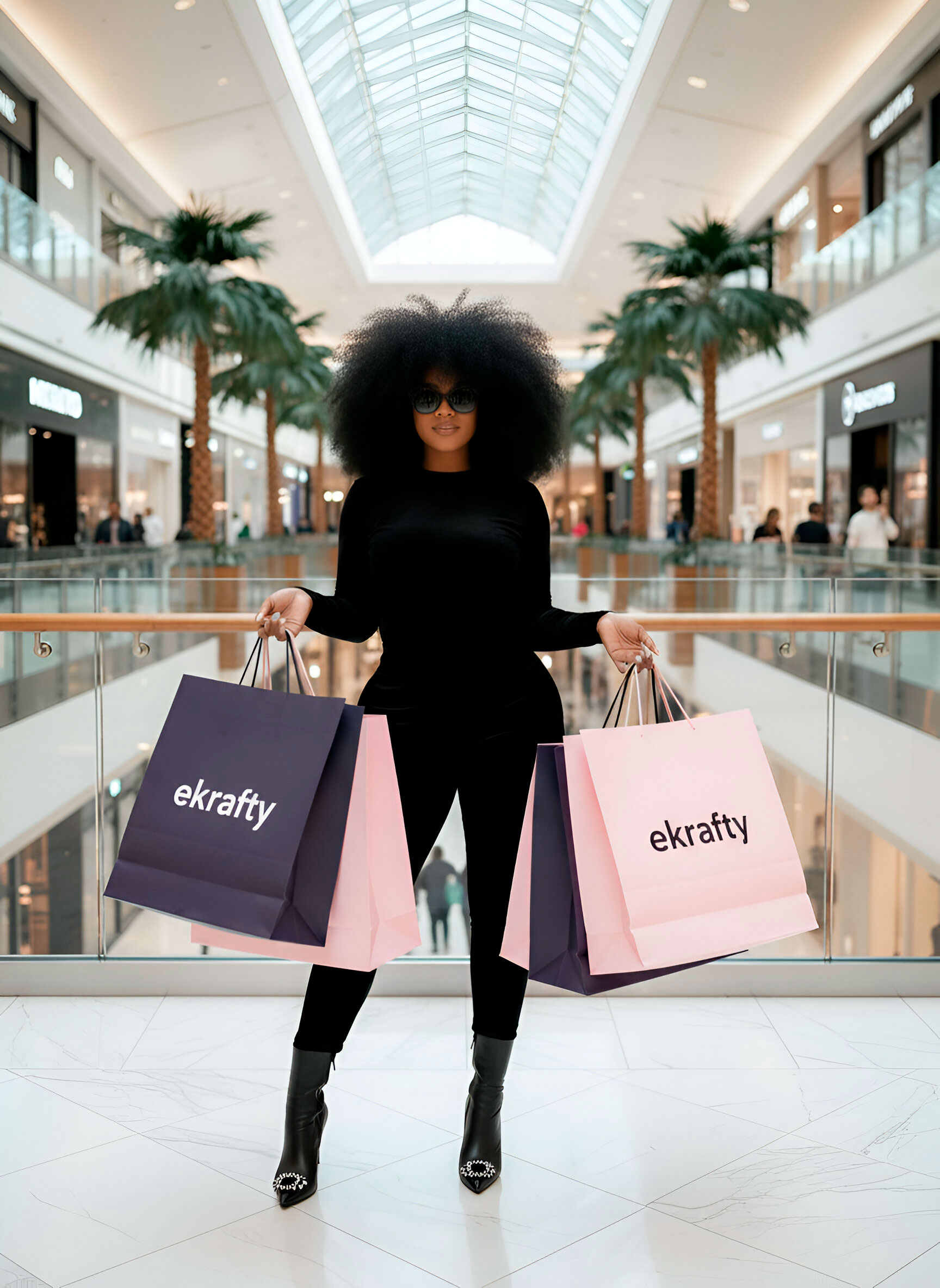happy woman with shopping bags, beauty products, lifestyle photography, warm lighting